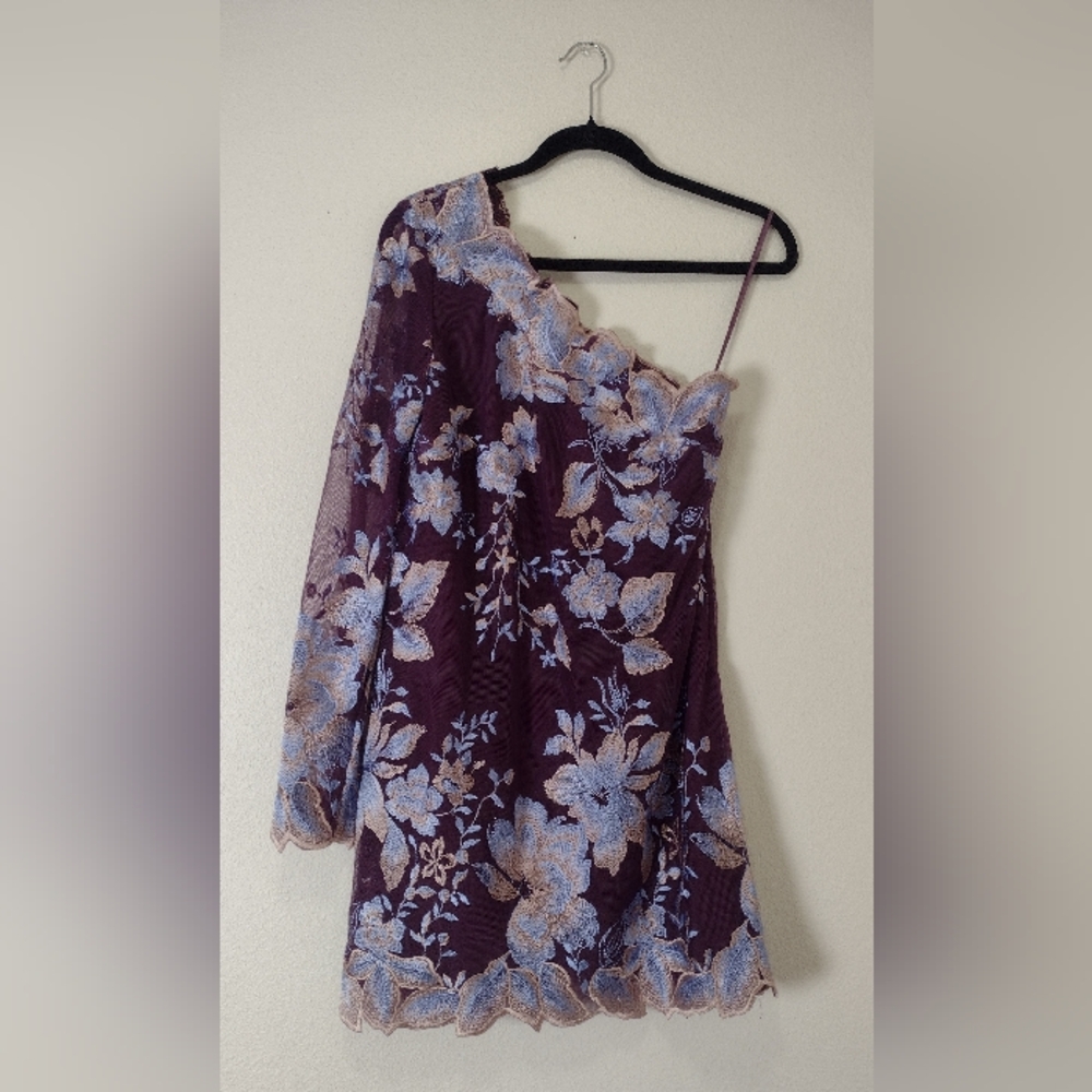 Free People Embroidered Rosalie One Shoulder Mini Dress Purple Mesh Size 2